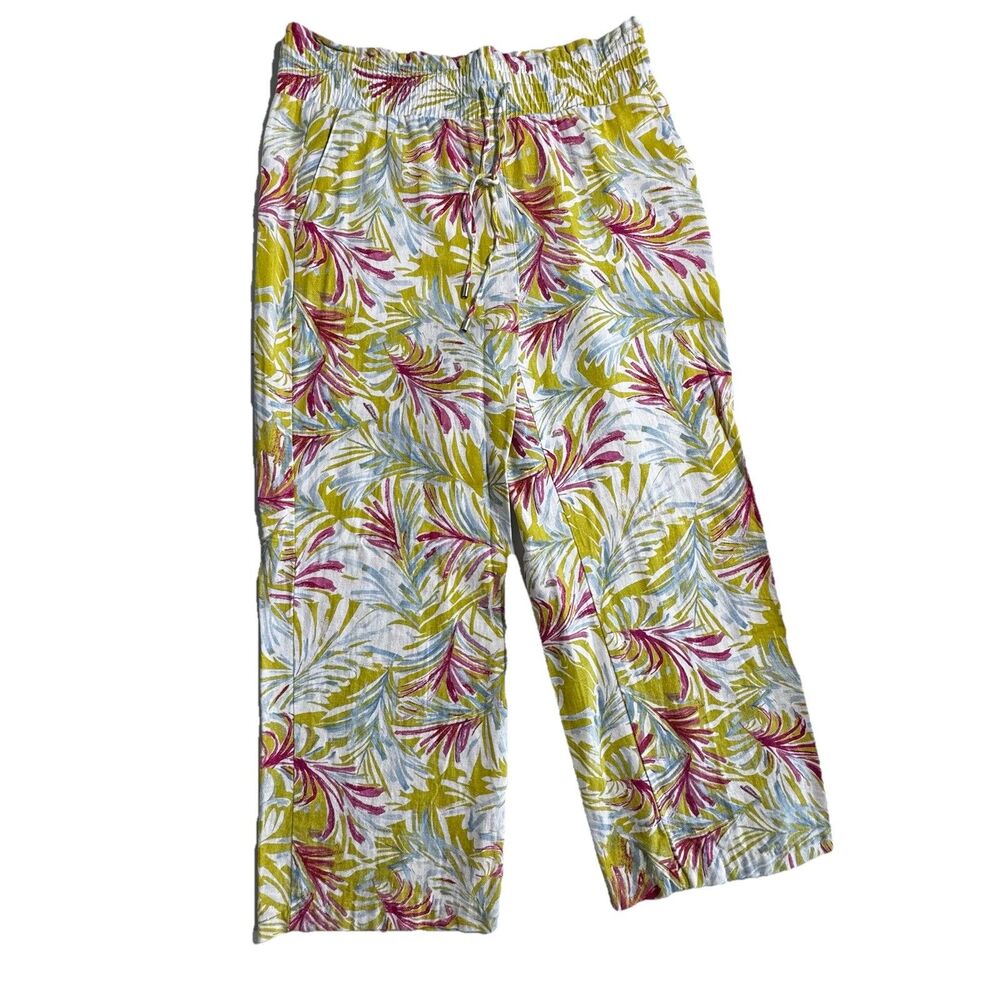 * LAND N SEA Linen Blend Pull On Pants Blue FLORAL Crop Elastic Waist Women's M - Picture 2 of 10